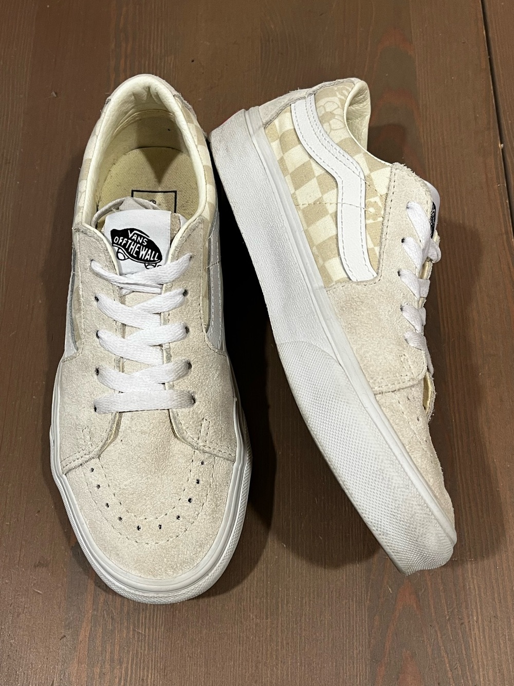 Vans Sk-8 Low Skater Shoe Sneaker W 7 Lace up Suede Canvas Beige Check Retro